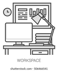 Workplace infographic metaphor with line icons. Workplace concept for website and infographics. Vector line art icon isolated on white background.