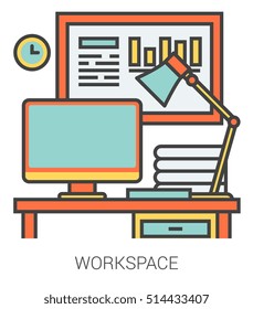 Workplace infographic metaphor with line icons. Workplace concept for website and infographics. Vector line art icon isolated on white background.