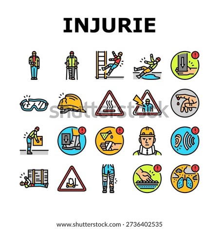 workplace injuries accident icons set vector. hazard, safety, compensation, prevention, ergonomics compliance, risk, incident workplace injuries accident color line illustrations