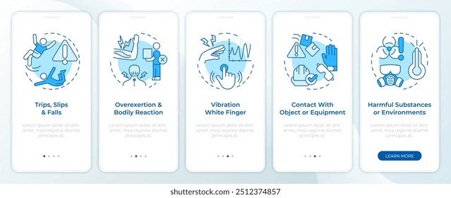 Workplace injury blue onboarding mobile app screen. Walkthrough 5 steps editable graphic instructions with linear concepts. UI, UX, GUI template