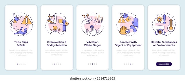 Workplace injury causes onboarding mobile app screen. Walkthrough 5 steps editable graphic instructions with linear concepts. UI, UX, GUI template