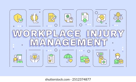 Workplace injury management pastel purple word concept. Medical service. Hospitalization, insurance. Typography banner. Vector illustration with title text, editable icons color