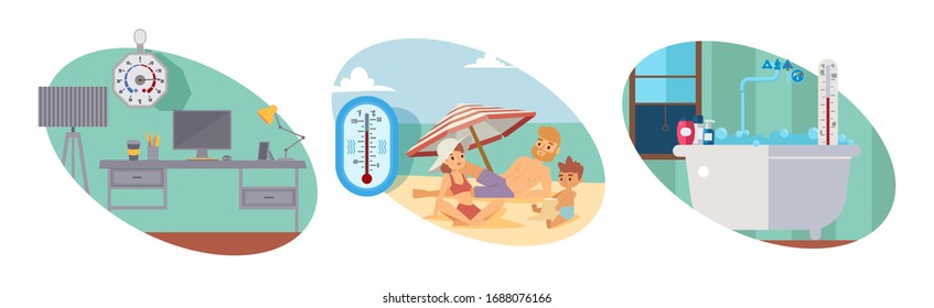 Workplace with instrument calibration, measuring device medical business, female rest in beach, high temperature, isolated on white, flat vector illustration. Measurement altitude, pressure, degrees.