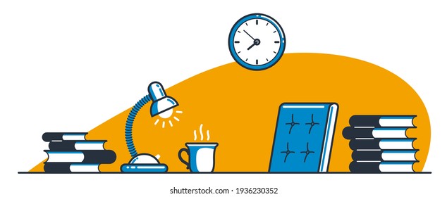 Workplace of intellectual worker employee or studying student vector flat illustration isolated, education or analytical job freelance worker workspace, comfortable workplace.