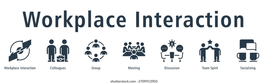 Concepto de Ilustración vectorial de ícono de Anuncio de Web de interacción en el lugar de trabajo con ícono de interacción en el lugar de trabajo, colegas, grupo, reunión, discusión, espíritu de equipo y socialización.
