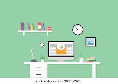 Workplace interior with books, lamp, clock, painting and hot drink in a cup. A confirmation letter arrived in the mail. Vector graphic eps 10.