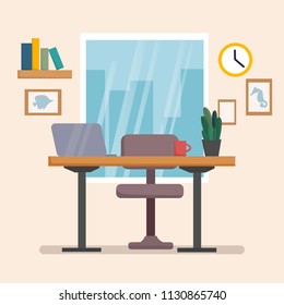 The workplace interior cartoon design with furniture, books. Freelancer, designer office workstation. Business concept flat style cartoon vector illustration