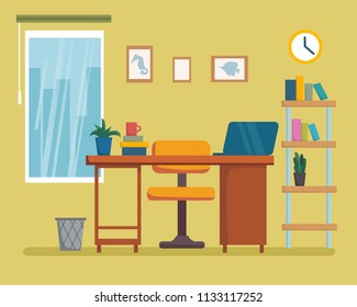 The workplace interior cartoon design with furniture, bookshelf. Freelancer, designer office workstation. Business concept flat style cartoon vector illustration