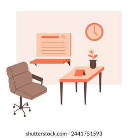 Workplace interior, chair, table and clock. Vector illustration in flat style with workplace theme. Editable vector illustration.