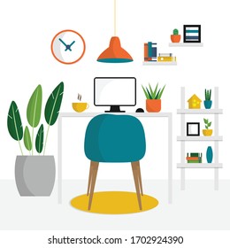 Workplace interior, home office interior vector icon