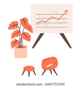 Interior del lugar de trabajo con tablero infográfico, mesa y plantas. Ilustración vectorial en estilo plano con tema de lugar de trabajo. Ilustración vectorial editable.