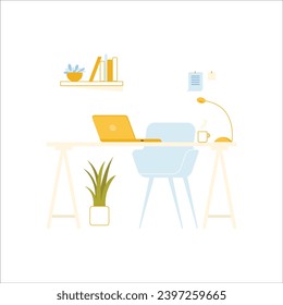 Interior en el lugar de trabajo. Lugar de trabajo con laptop, taza de café, estantería, planta en olla. Ilustración vectorial de estilo plano.