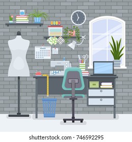 Workplace interior with sewing machine and mannequin in flat style. Workspace for freelancer seamstress. Vector illustration