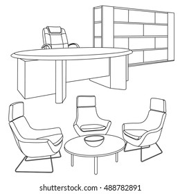 Workplace interior sketch. Hand drawn interior