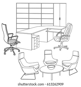 Workplace interior sketch. Hand drawn office interior