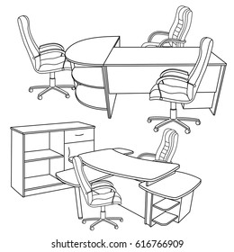 Workplace interior sketch. Hand drawn office interior
