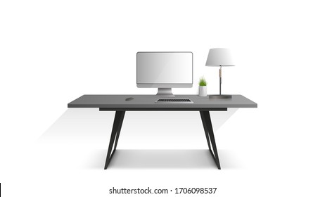 Workplace isolated on a white background. Monitor, keyboard, computer mouse, table lamp, houseplant. Vector.