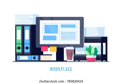 Workplace isolated on white background. Computer, a stack of folders for papers, a pile of documents in a flat style. Vector illustration.