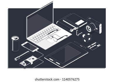 Workplace isometric elements set with notebook glasses camera phone and laptop vector illustration