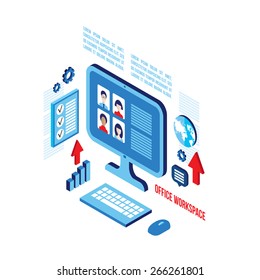 Workplace isometric elements set Social network and communication concept
