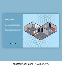 Workplace. Isometric interior building with 3d images. Isometric illustration design for interiors, buildings, room and more.

