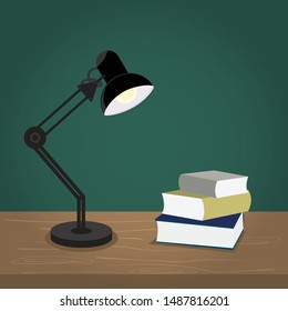 Workplace with lamp and book.Studying or working concept. Vector Illustration