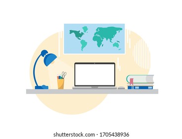 Lugar de trabajo con portátil con pantalla en blanco para burlarse de la mesa