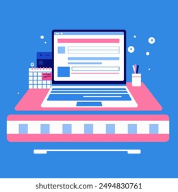 Lugar de trabajo con portátil, calendario, Vector