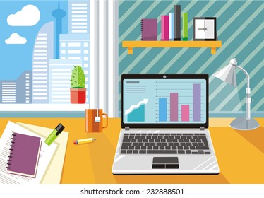Workplace with laptop, clock, lamp, stationery and documents