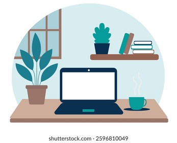 Workplace with laptop, coffee cup and plant. Flat style vector illustration.