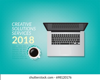 Workplace with laptop and coffee on aqua green polka dot  background. list of ideas. Great for web, covers, cards, posters, banners. Top view. Vector Illustration.