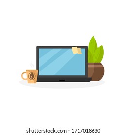 Workplace with laptop computer, cup of  hot coffee, flower in the pot. Vector illustration isolated on white background