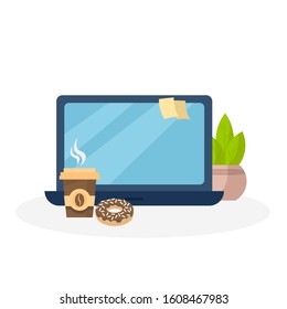 Workplace with laptop computer, hot coffee with donut, flower in the pot. Vector illustration isolated on white background
