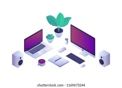 Workplace with laptop, computer, mobile phone, speaker system, houseplant, notebook, cup and candle. Isometric vector illustration.