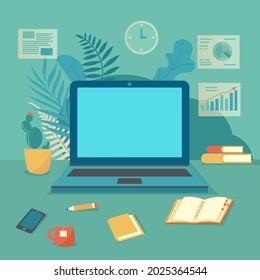 A workplace with a laptop computer and office accessories. A place in the office or a freelancer workplace