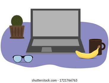 Workplace with laptop, cup of tea, banana, cactus and glasses. The concept of working from home. Freelance. Distance education