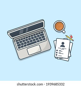 A workplace with a laptop, a cup of tea, eraser, notebook, and pencil in flat style on a sky blue background.