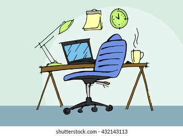 Workplace with laptop at day. Hand drawn vector stock illustration. Colorful image