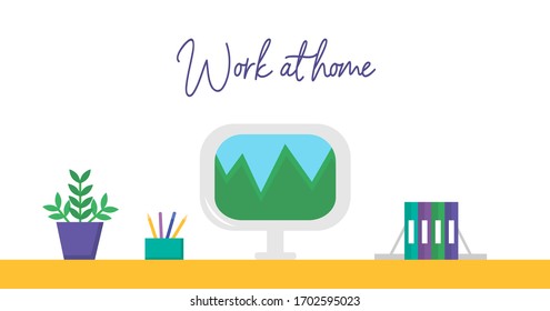 Workplace with laptop, flower, pencils and books on the table. Work at home banner for social media or website. Flat vector illustration. Standard scaled 1200*630 px size