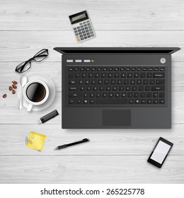 Workplace, laptop glasses coffee on wooden table,  Realistic Vector illustration