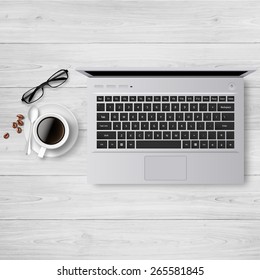 Workplace, laptop glasses coffee on wooden table,  Realistic Vector illustration