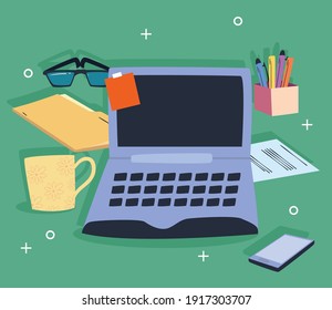 workplace with laptop and icon set design, work office and telecommuting theme Vector illustration