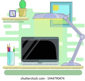 workplace with laptop lamp, pencils, clock and painting flat