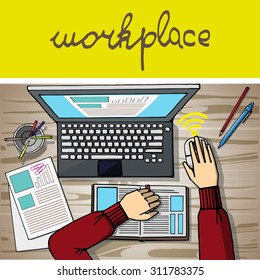 Workplace with a laptop, notebook, mouse pad, the office. Hand drawn items