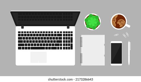 Arbeitsplatz mit Laptop, Notebook, Telefon, Stift, Tasse Kaffee und Blumentopf auf einem grauen Tisch. Draufsicht. Flache Vektorgrafik