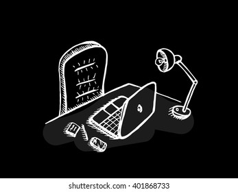 Workplace with laptop on black background. Free hand drawn. Vector illustration. 