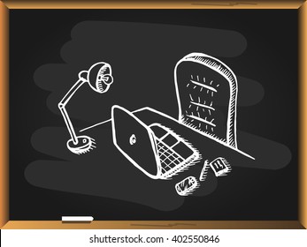Workplace with laptop on blackboard background. Free hand drawn. Vector illustration. 