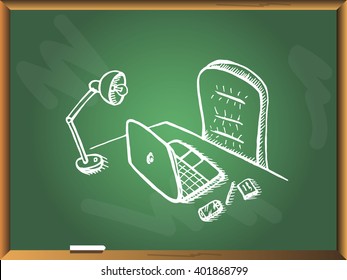 Workplace with laptop  on chalkboard background. Free hand drawn. Vector illustration. 