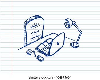 Workplace with laptop on copybook background. Free hand drawn. Vector illustration. 