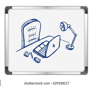 Workplace with laptop  on flip chart background. Free hand drawn. Vector illustration. 
